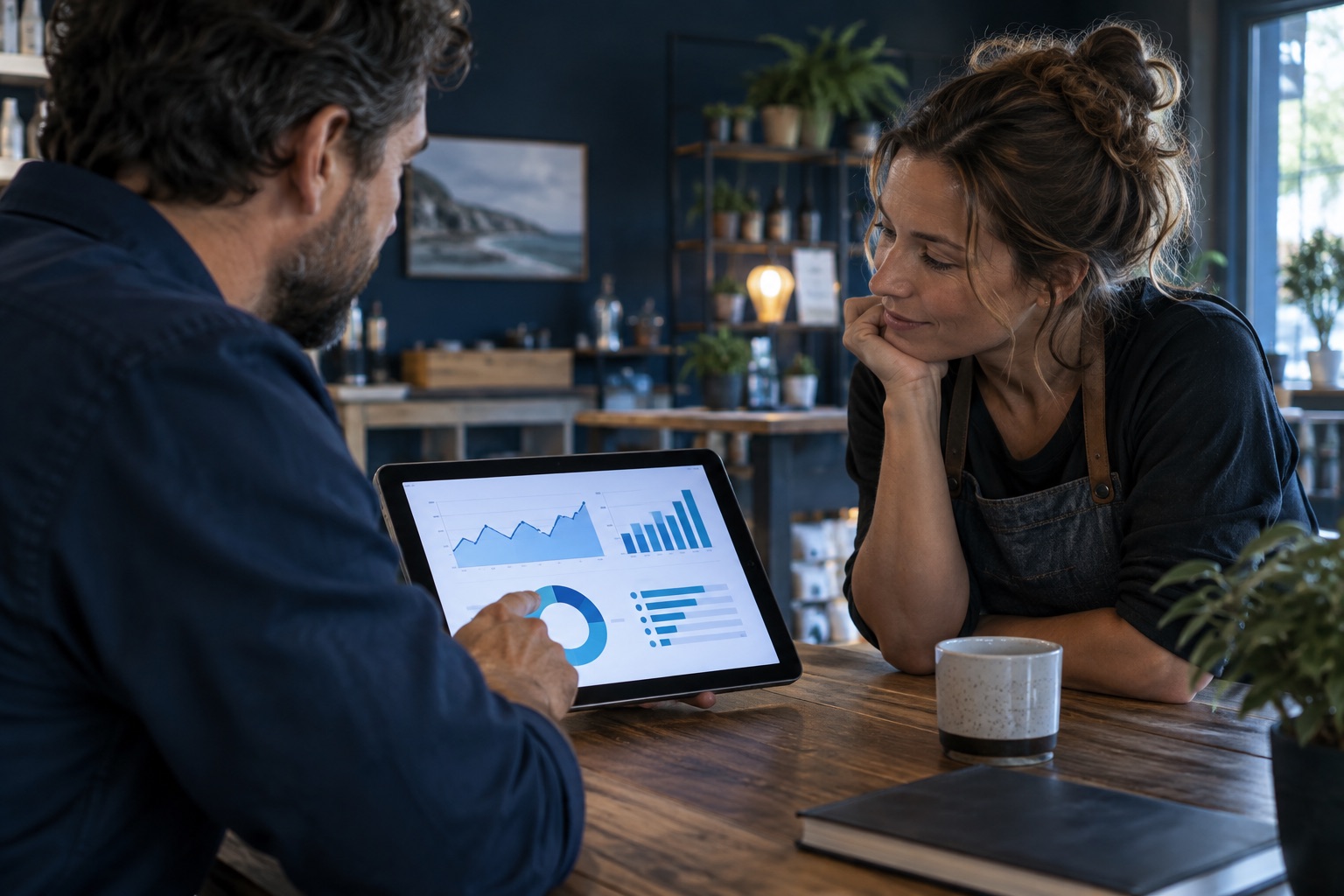 Illustrative analyst and business owner discussing a website report