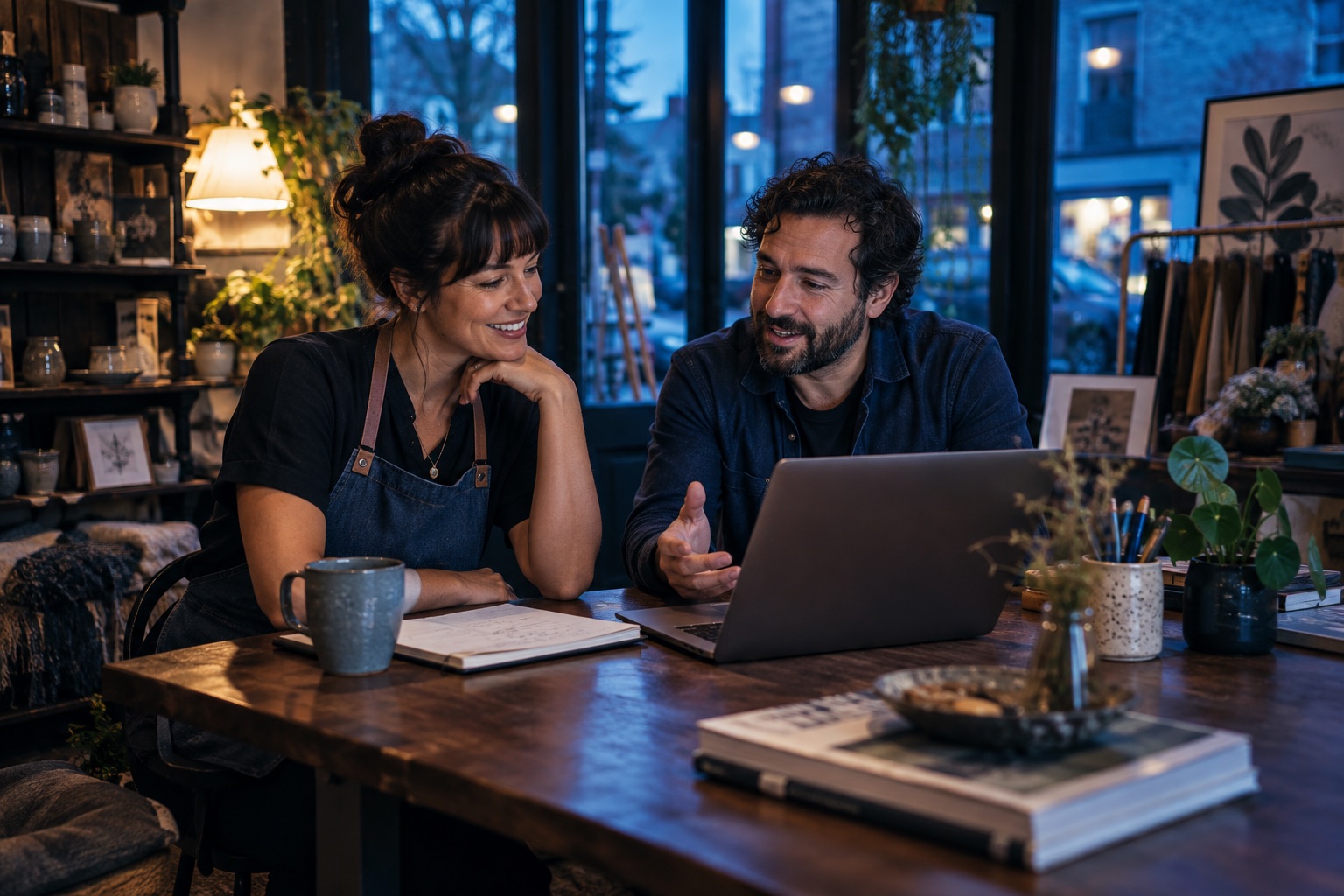 Illustrative local business owner and website consultant in conversation