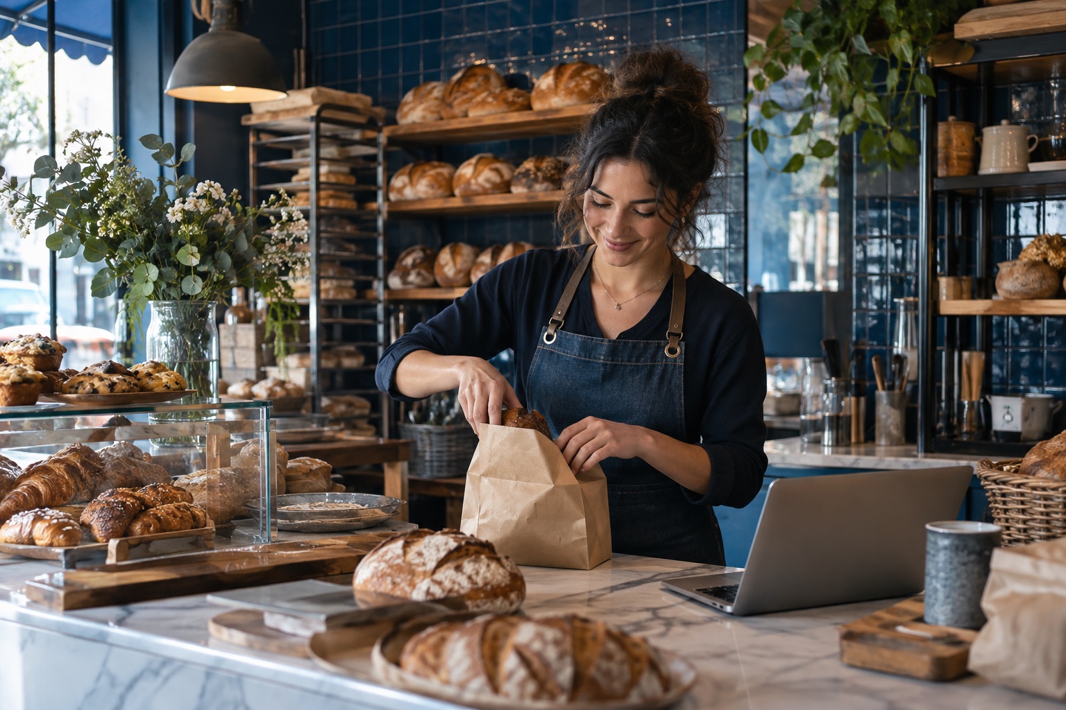 Illustrative bakery owner working while their website is looked after