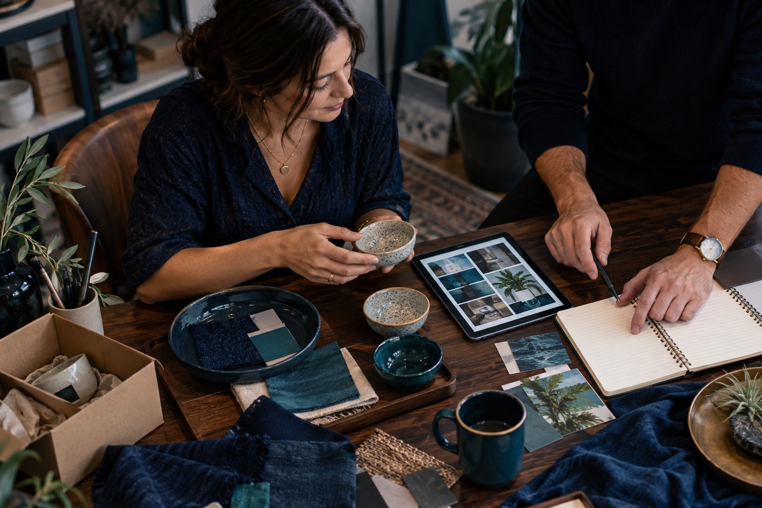 Illustrative business planning workspace with product samples and a tablet
