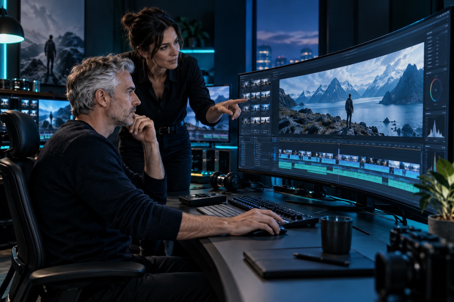 Illustrative film-edit-suite scene for XMLA website services