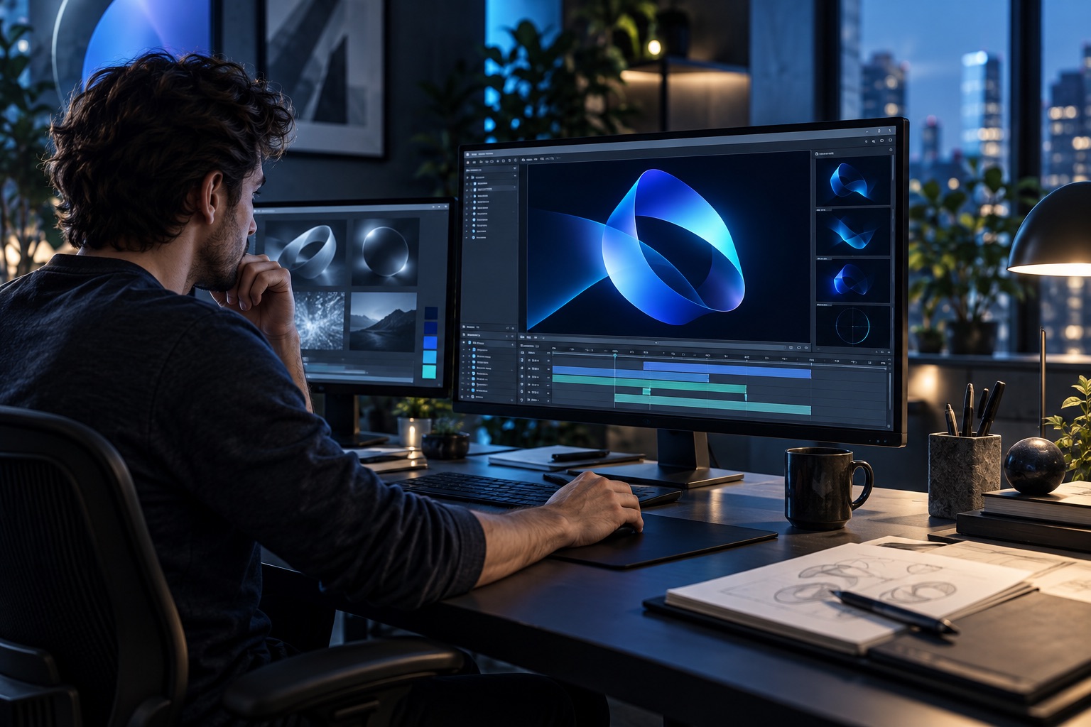 Illustrative motion-branding-studio scene for XMLA website services