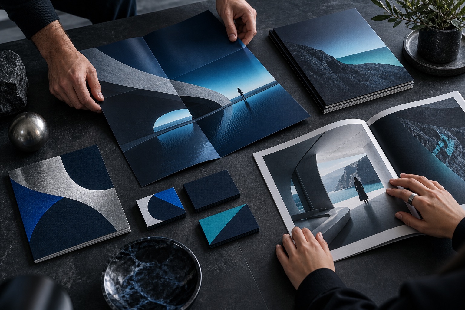 Illustrative print-portfolio-review scene for XMLA website services