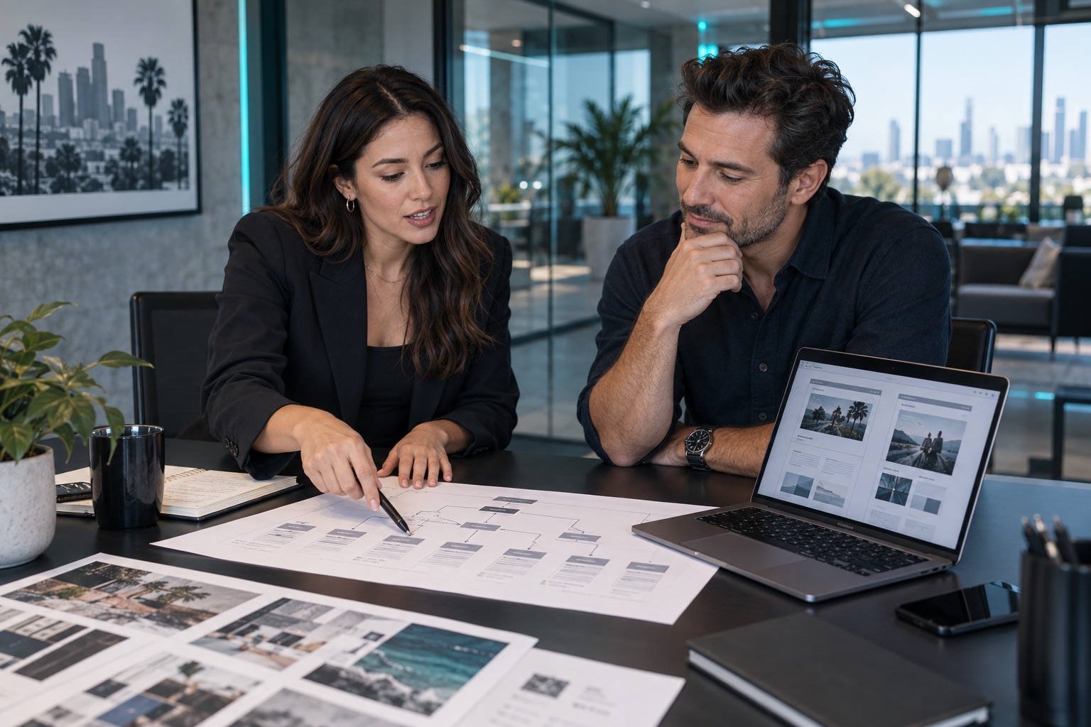 Two people reviewing website plans together