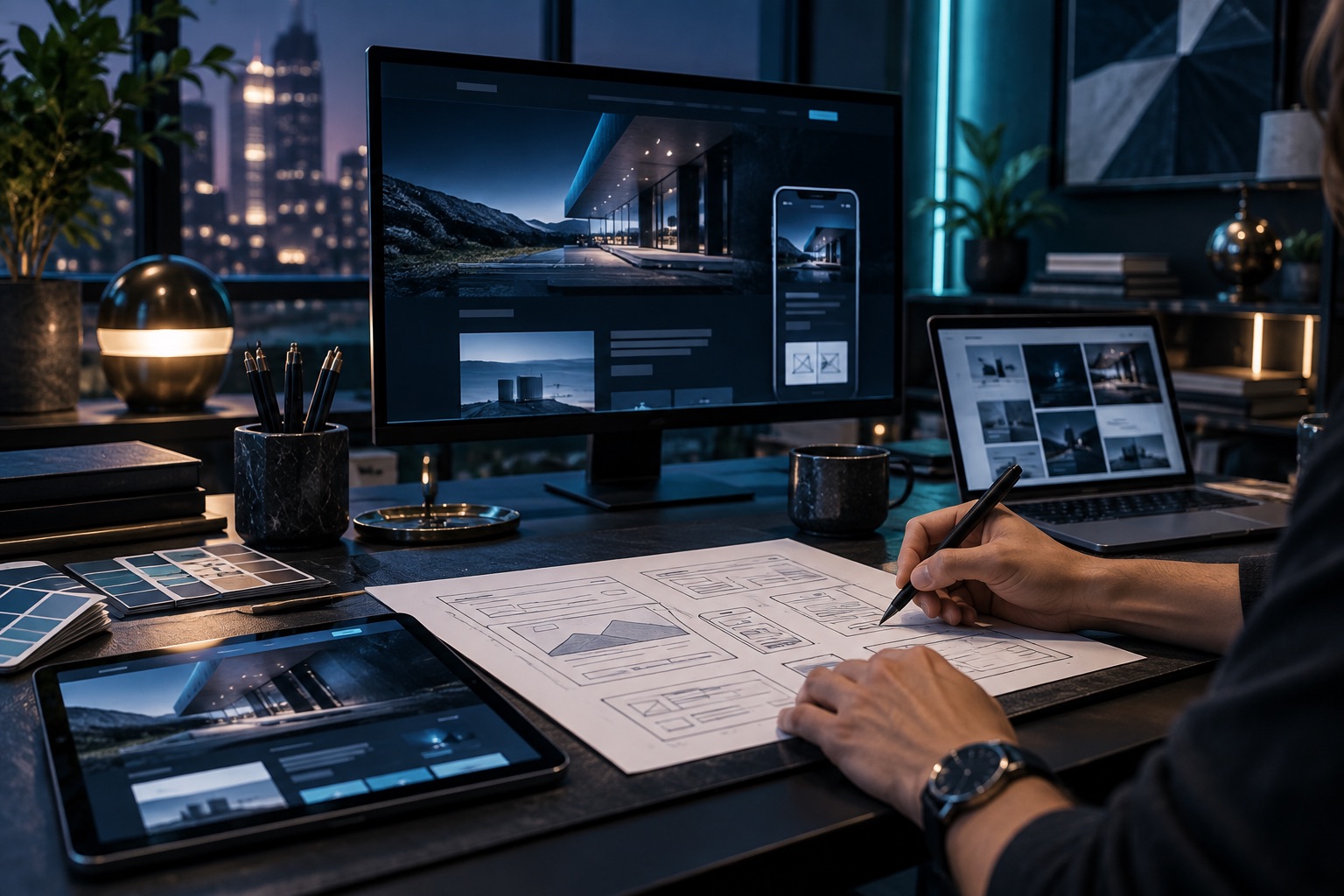 Illustrative theme-development scene for XMLA website services