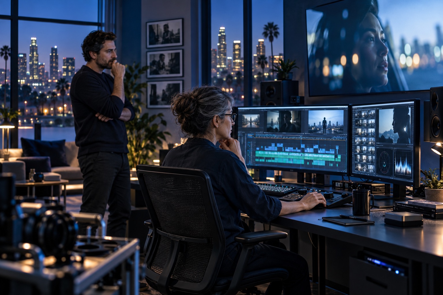 Illustrative video-archive-editing-room scene for XMLA website services