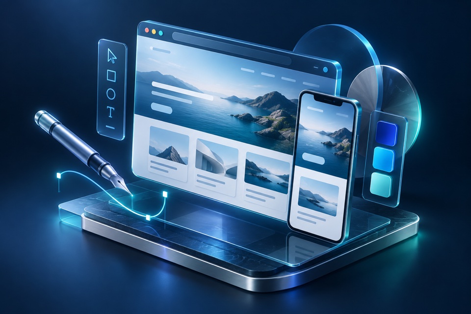 Website design illustration with responsive layouts and design tools