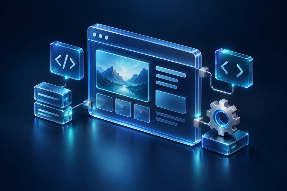 Website development illustration with modular components and code symbols