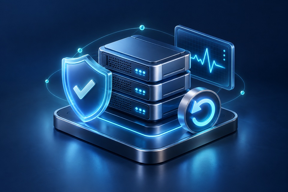 Managed website operations illustration with servers, protection, backups, and monitoring