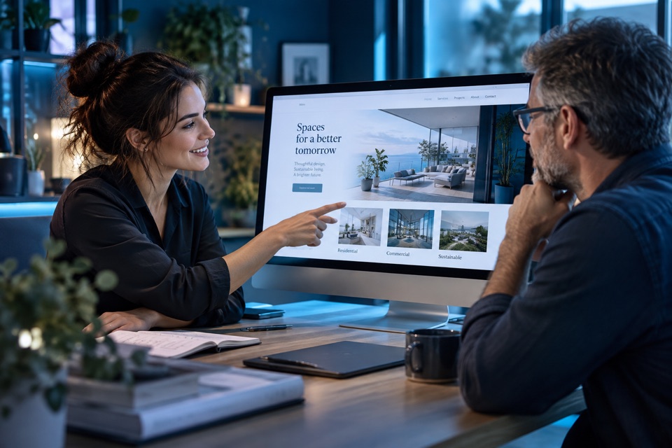 Illustrative designer and business owner reviewing a website