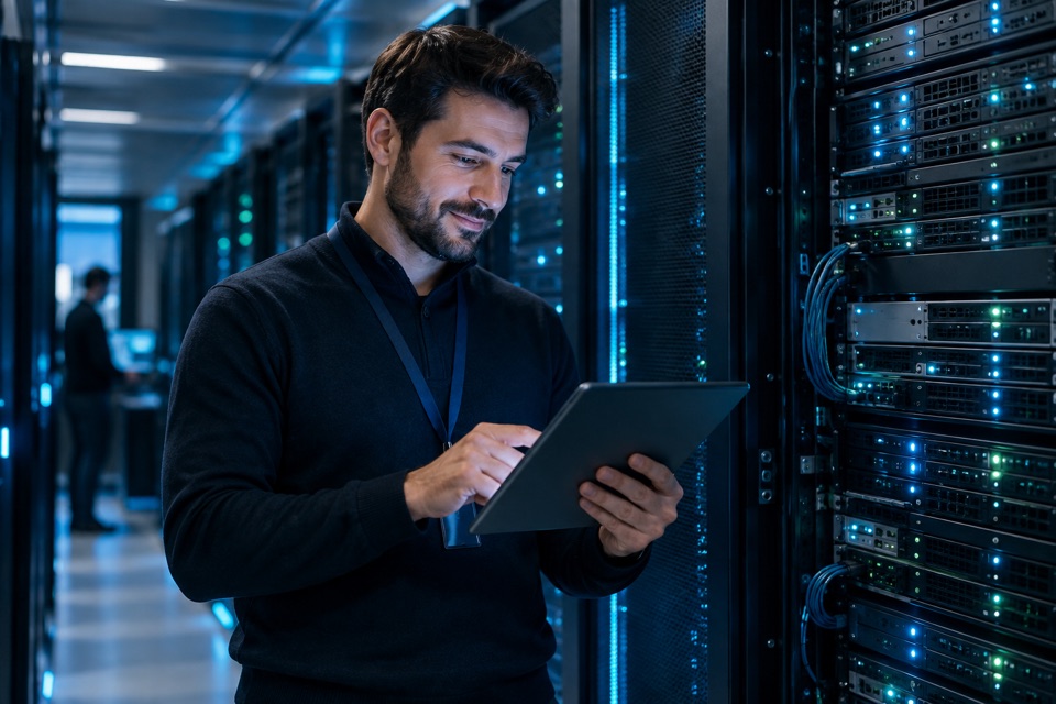 Illustrative hosting specialist checking server infrastructure