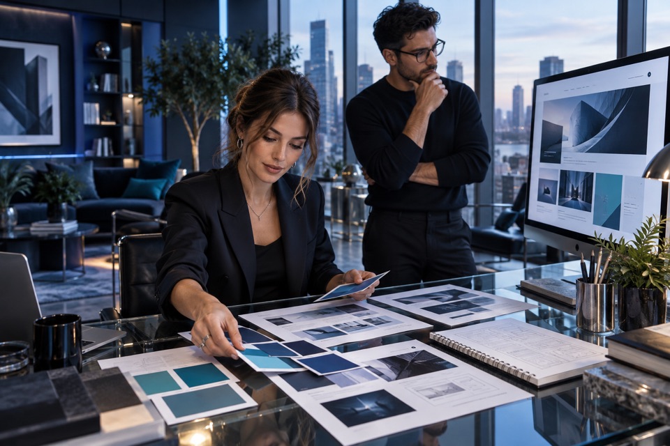 Illustrative creative team planning a website design