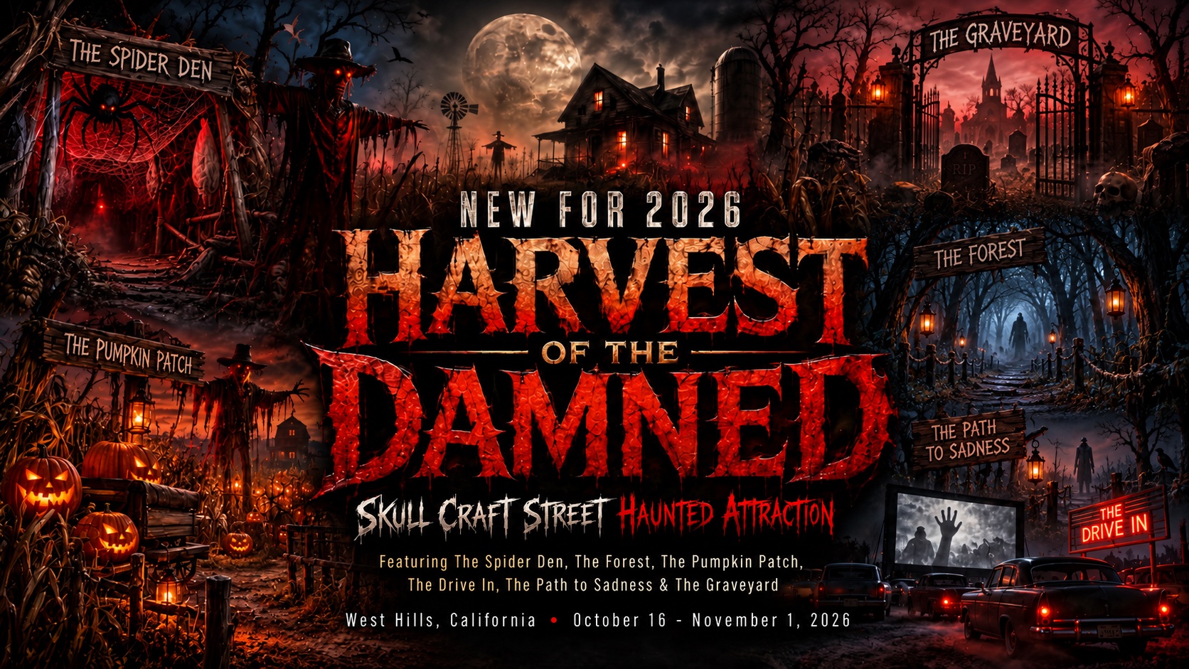 Harvest of the Damned — Skull Craft Street Haunted Attraction, new for 2026, West Hills, California, October 16 to November 1