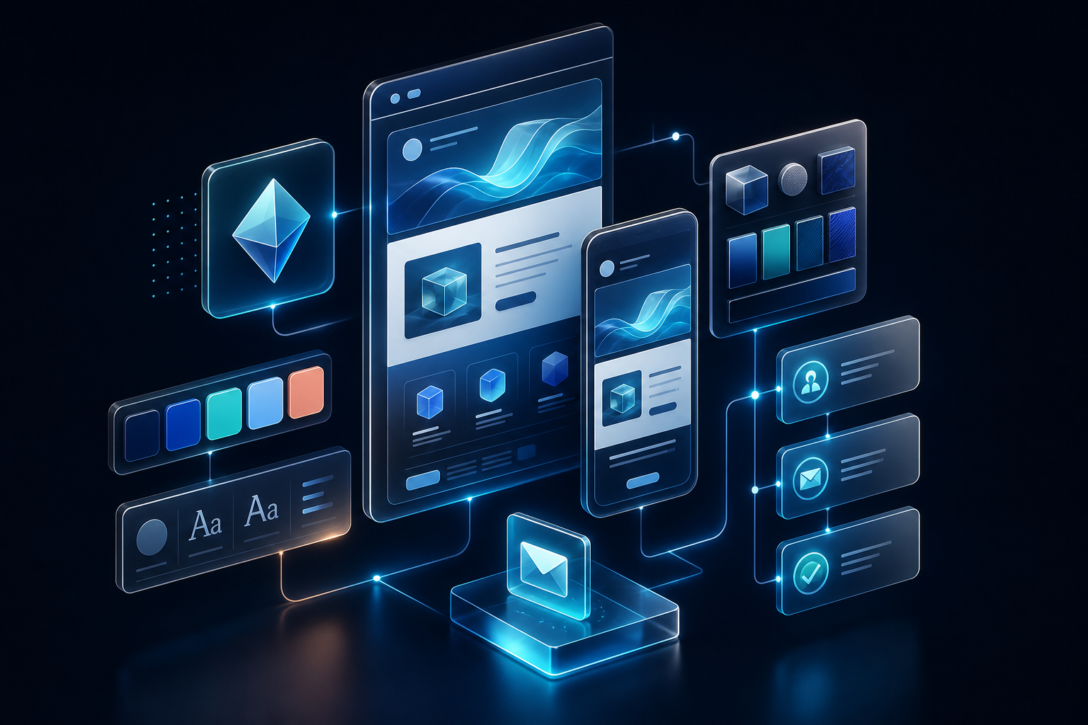 Isometric 3D brand system with email templates, mobile preview, palette, and automation cards