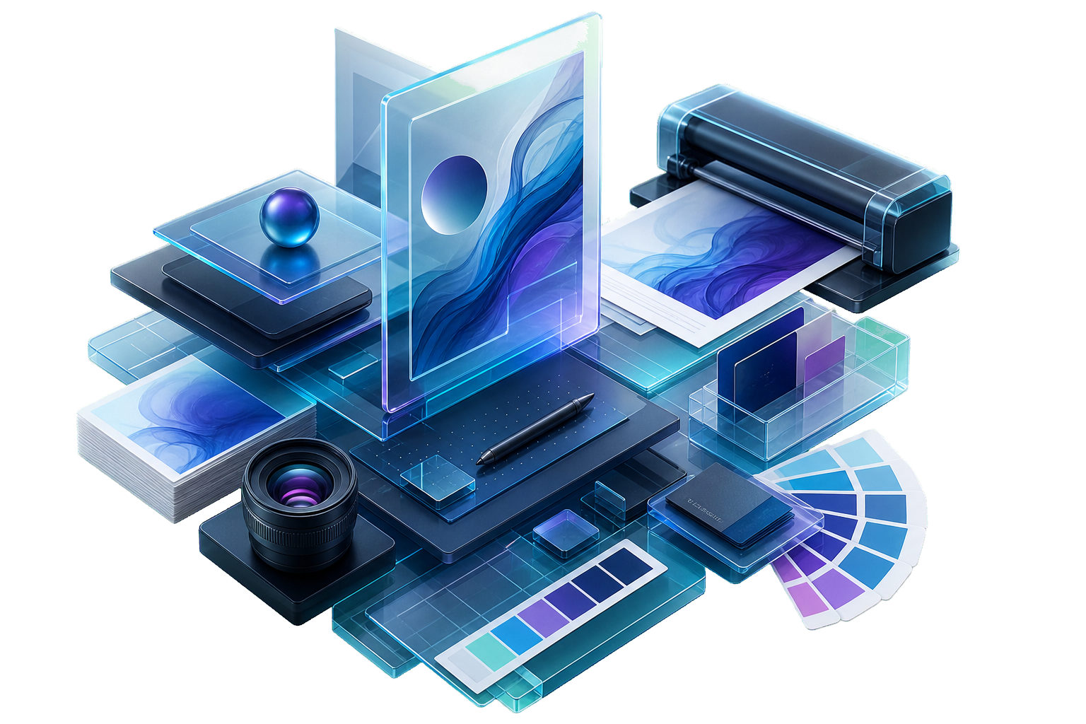Isometric 3D brand refresh system with visual identity cards, palette, and website screens