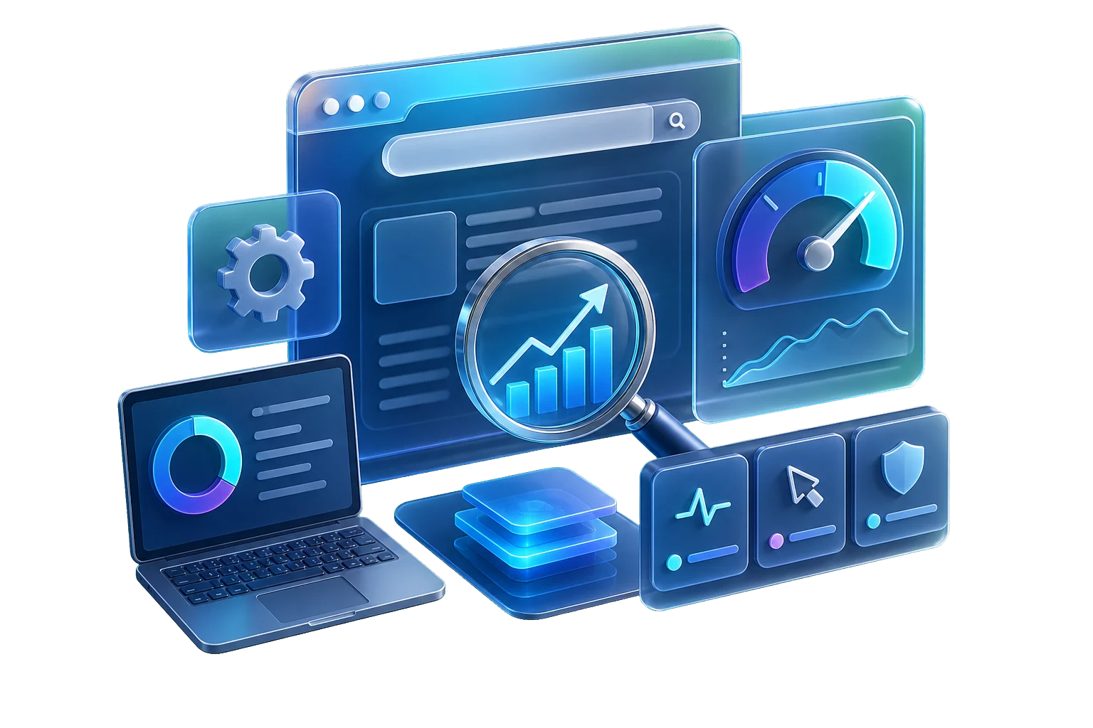 3D rendered SEO analytics and performance workspace