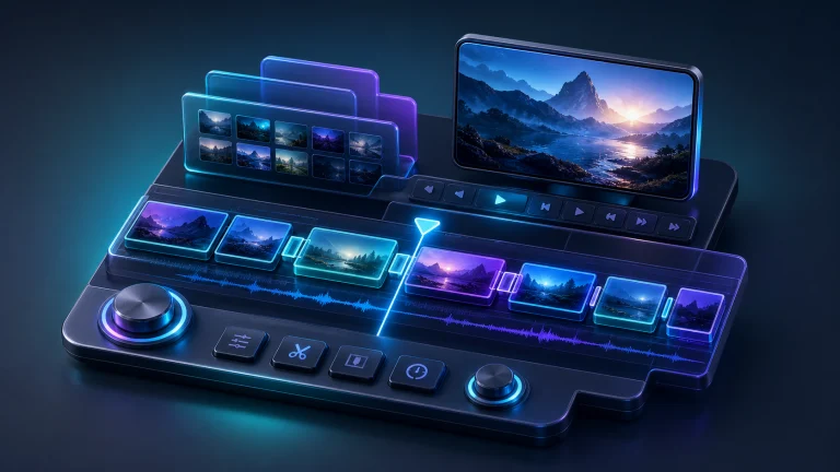 3D rendered video editing timeline for story sequencing