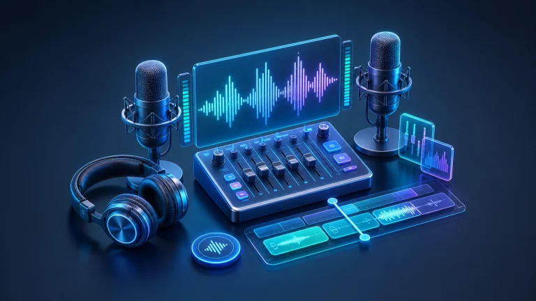 3D rendered podcast microphones and audio production console