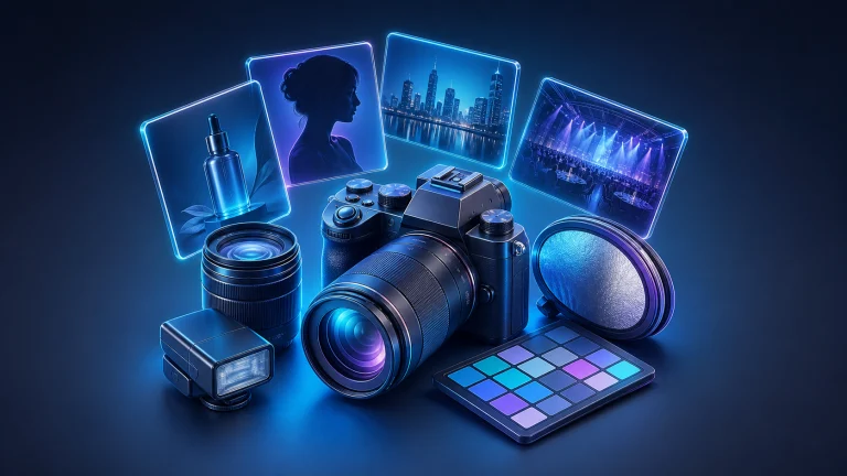 3D rendered professional photography camera and studio equipment