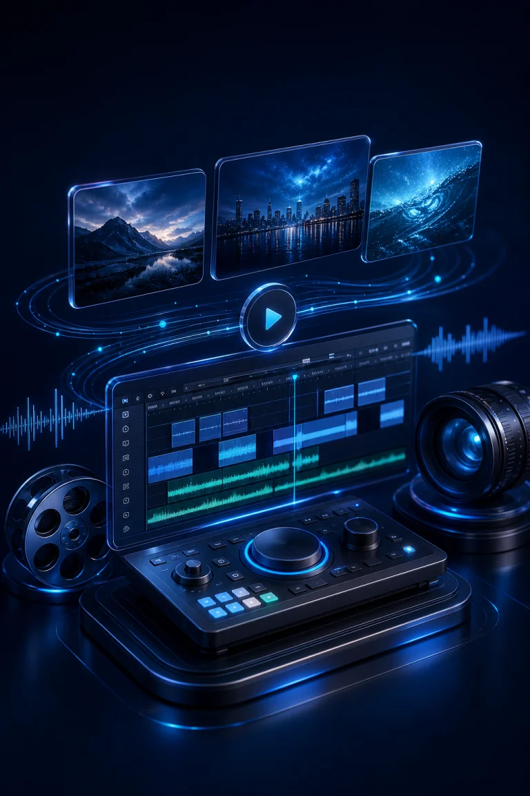Three-dimensional video production workstation with floating video frames, a play button, editing timeline, and audio waveforms