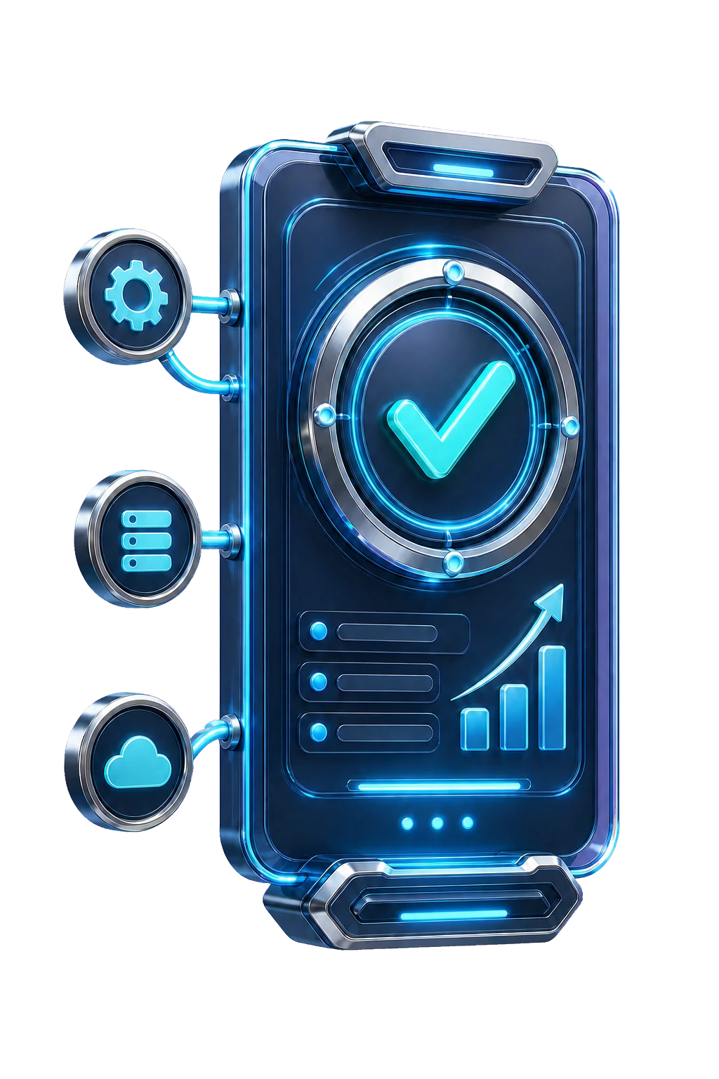 Three-dimensional planning console with a verified check, workflow controls, and connected cloud services
