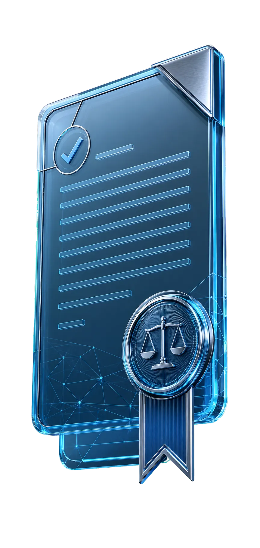 Three-dimensional legal agreement document with verified seal and balanced scales