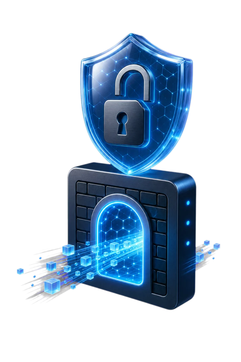 3D rendered unlocked shield and secure IP access gateway