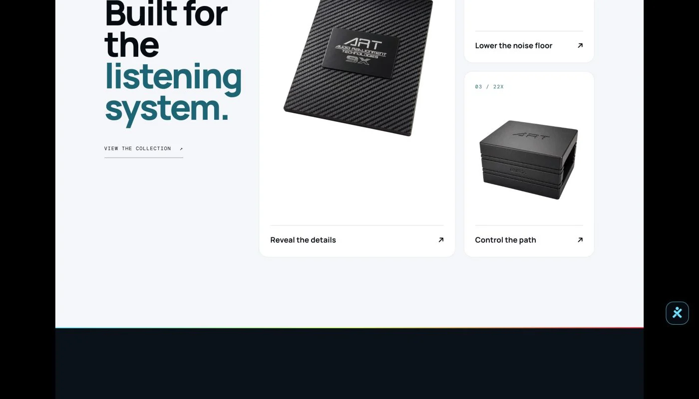 Hero page for Audio Realignment Technologies featuring a dark site with large text 'See the layers. Hear the difference.' over images of audio hardware and components.