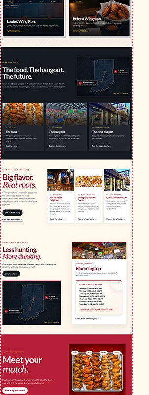 Marketing landing page for a wings restaurant, with sections about flavors, menus, and dining experience, plus images of wings throughout the layout.