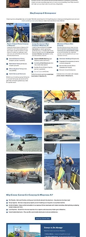Custom Cat Charters boat docked at the pier, showcasing marine business success and boating excellence