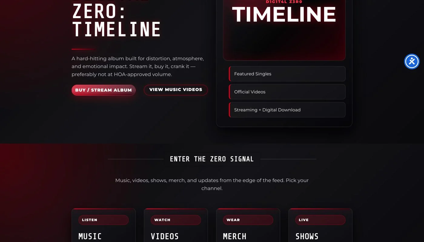 Band website hero with a fiery red DIGITAL ZERO logo and top navigation menu across a dark themed homepage