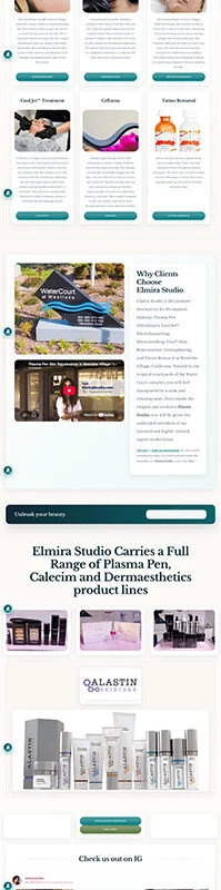 Elmira Studio homepage layout with a 'New Location' banner, service cards, testimonials, and footer details.