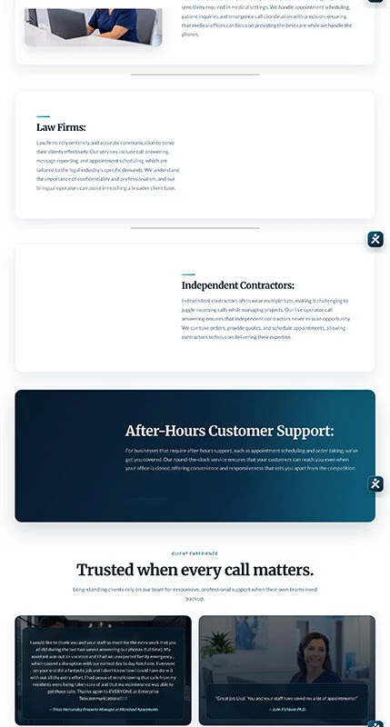 Hero banner showing a woman with a headset on a dark blue Enterprise Telecommunications site, introducing services for multiple sectors. The page then lists sectors served and testimonials in a stacked layout.