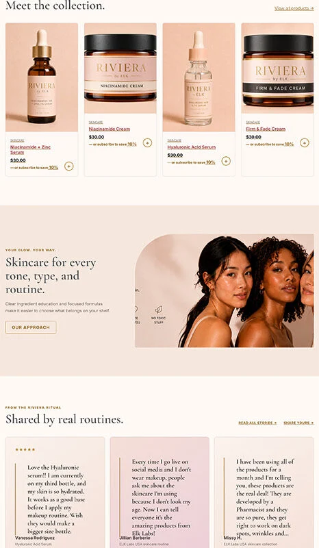 Riviera by ELK skincare homepage hero featuring a product with a 'Shop all serums' CTA and soft pink-beige theme.