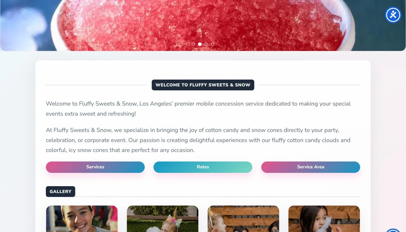 Homepage for Fluffy Sweets & Snow with a large ice-cream banner, navigation menu and hero text 'Home'.
