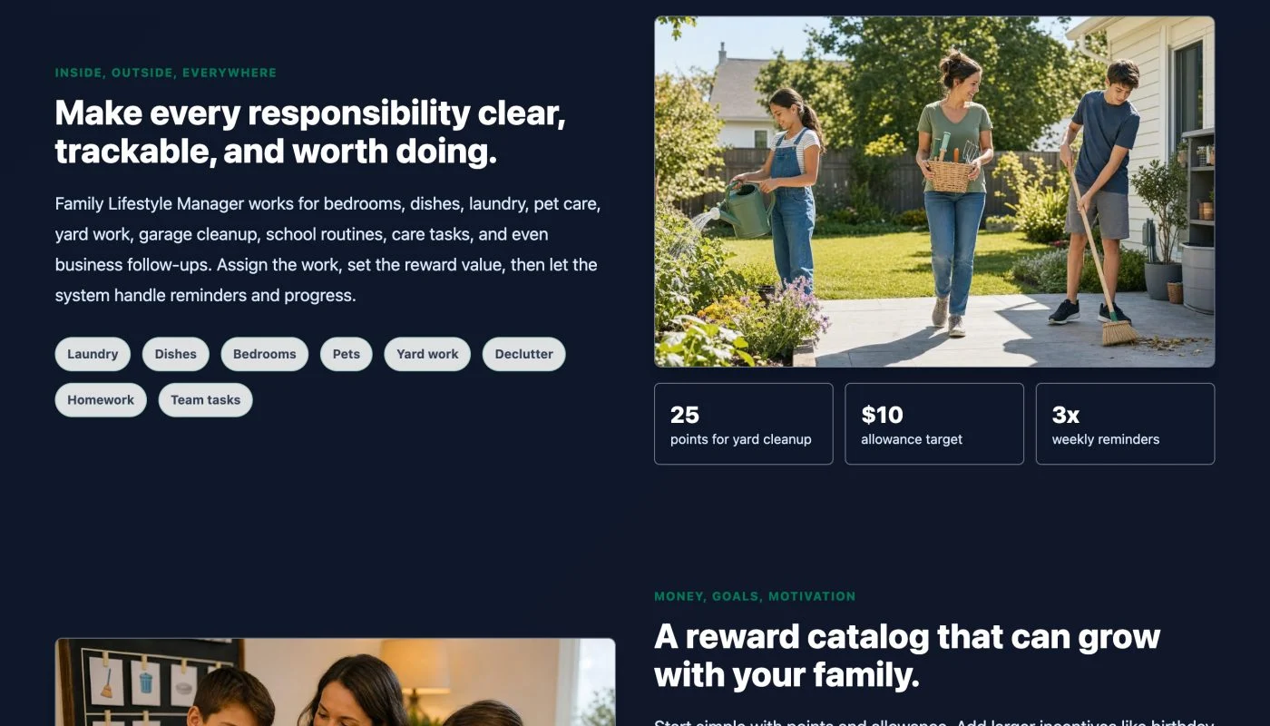 Family using a tablet together to manage chores and rewards, reflecting the page's message about turning chores into earned rewards.