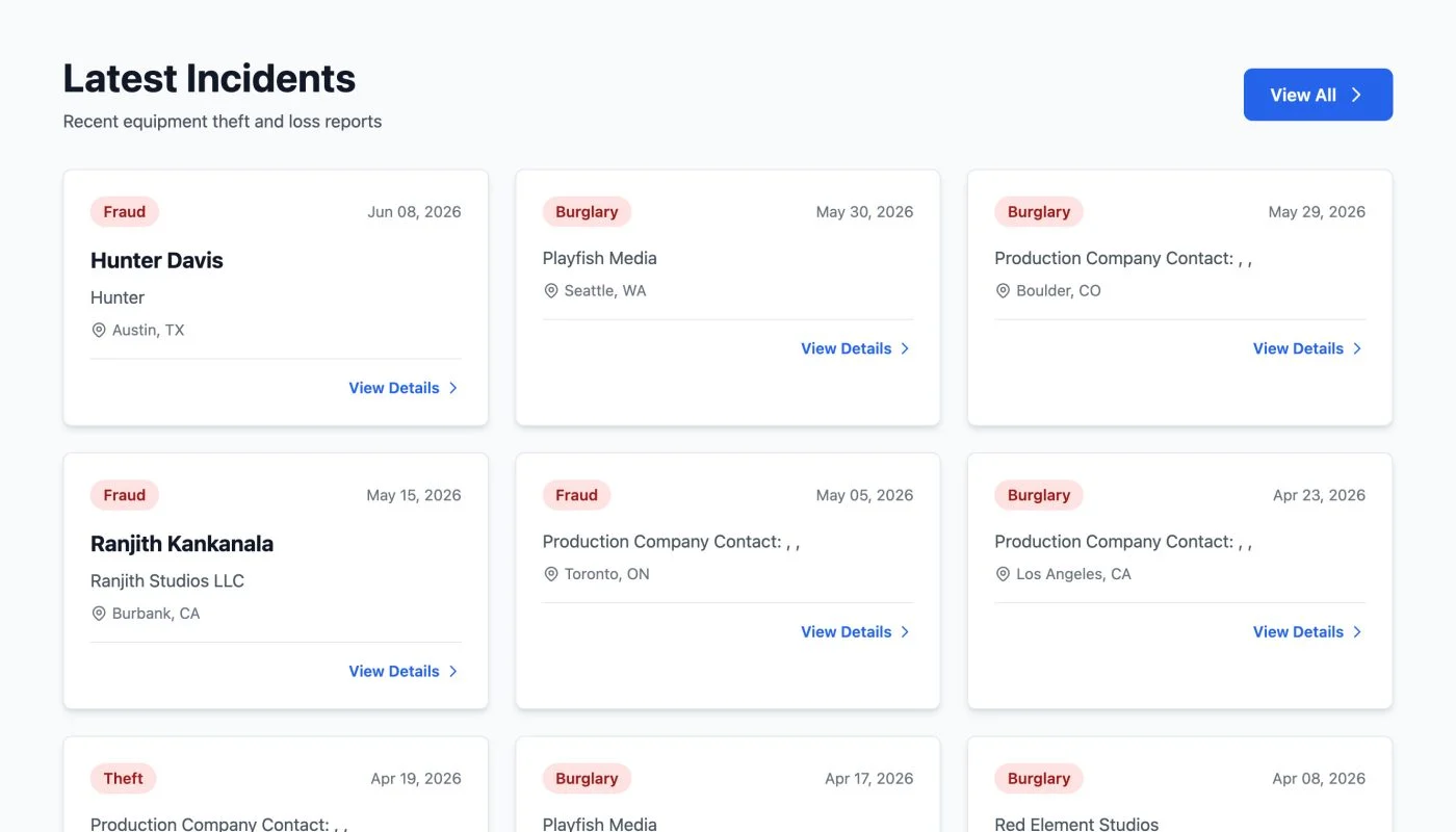 Hero section for Protect Film Equipment, Prevent Theft with action buttons: Report an Incident, Browse Incidents, Search Database; quick national map below shows incident locations.