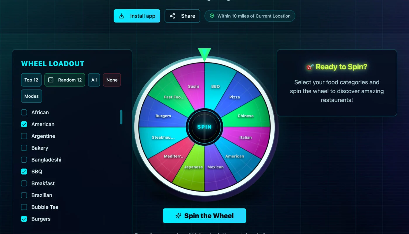 App landing screen with title 'LET THE MACHINE PICK', subtitle, 'Install app' button, 'Share', and a colorful food-category wheel nearby.