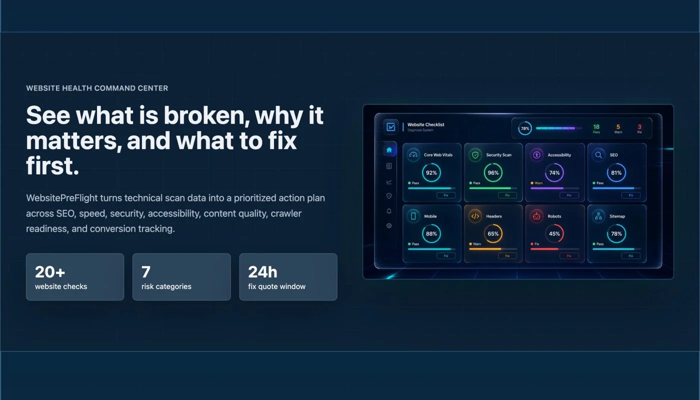 WebsitePreFlight landing page with a hero area featuring a search bar and Get Free Analysis button, a dashboard image, and a grid of features like Advanced Security, Lightning Performance, SEO Intelligence, Accessibility Audit, Global Monitoring, and Business Intelligence.