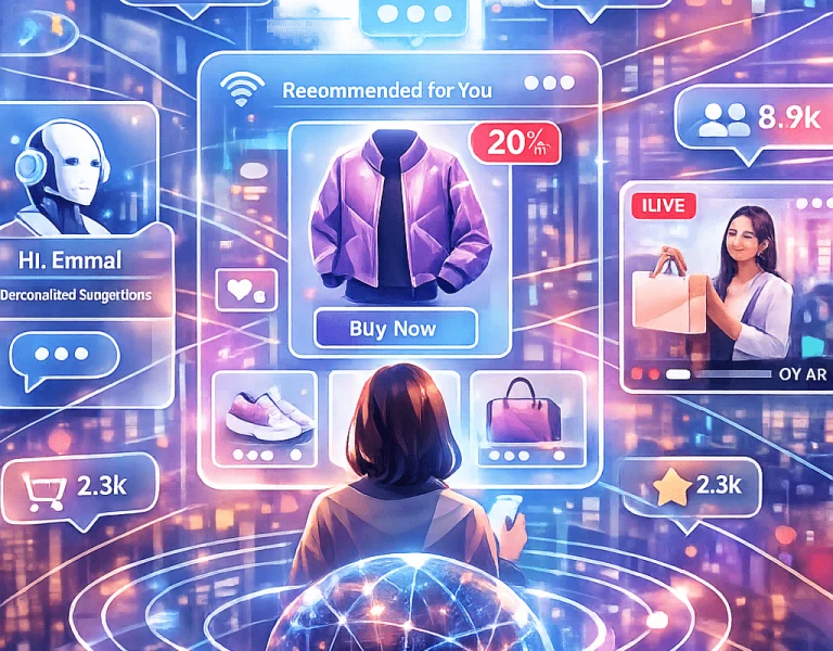 Futuristic ecommerce trends 2026 with AI and sustainability focus