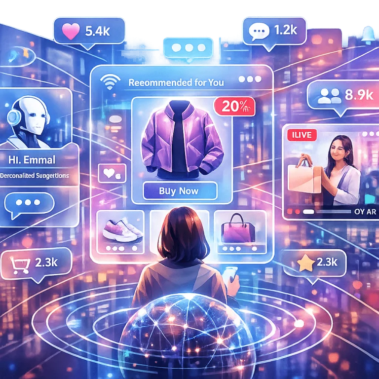 Futuristic ecommerce trends 2026 with AI and sustainability focus