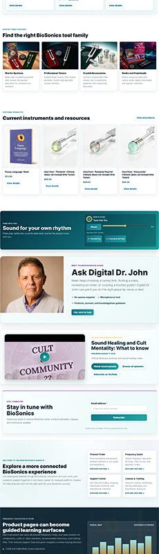 BioSonics homepage layout featuring a teal UI with a hero banner titled 'Fuzzy Language', followed by product cards, news items, bundles, and a teal-themed footer.