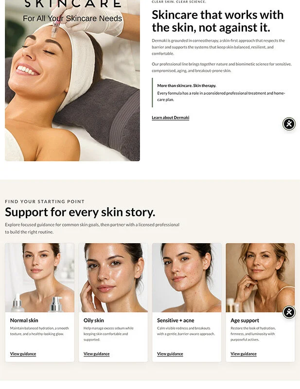 Dermaki skincare hero: a clinician performs a facial on a client in a treatment room, conveying professional skincare services.