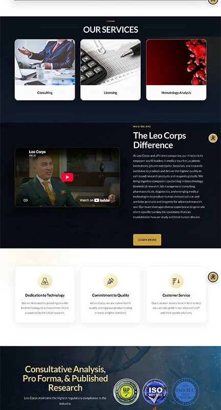 Homepage hero and navigation of Leo Corps, Inc. featuring a dark biotech-themed image with cells and the headline “Precision science. Purpose-built biological products.”