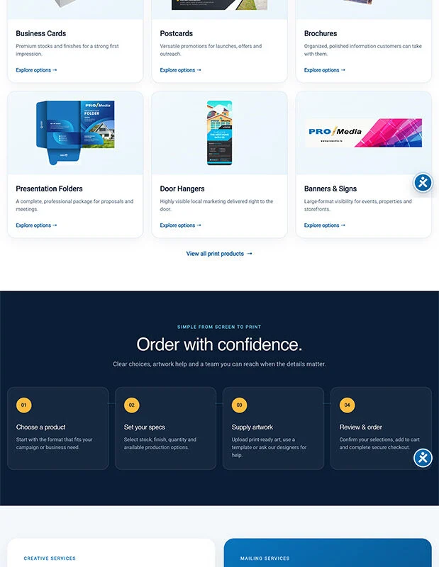 Homepage hero for Pro/Media displaying a blue-gradient layout, large headline about printing to help a business, and a right-side graphic with product cards and CTAs.