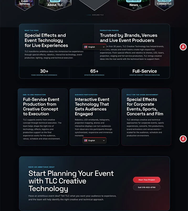 Dark tech-themed homepage hero featuring hexagonal tiles around a central hexagon; large title 'Creative Technology for Live Events' with a navigation bar above and multiple feature cards on a calm, glowing blue/indigo background.