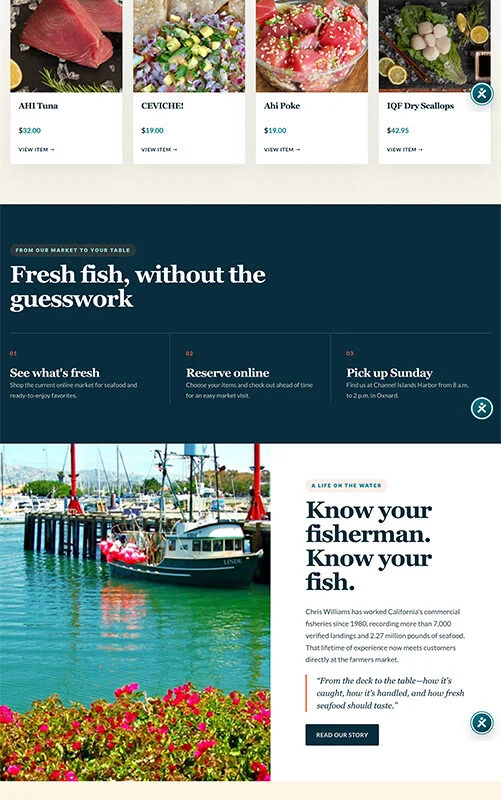 Hero header: fresh seafood on ice with bold white text 'Fresh seafood. Right from the source.' on a dark seafood market background.