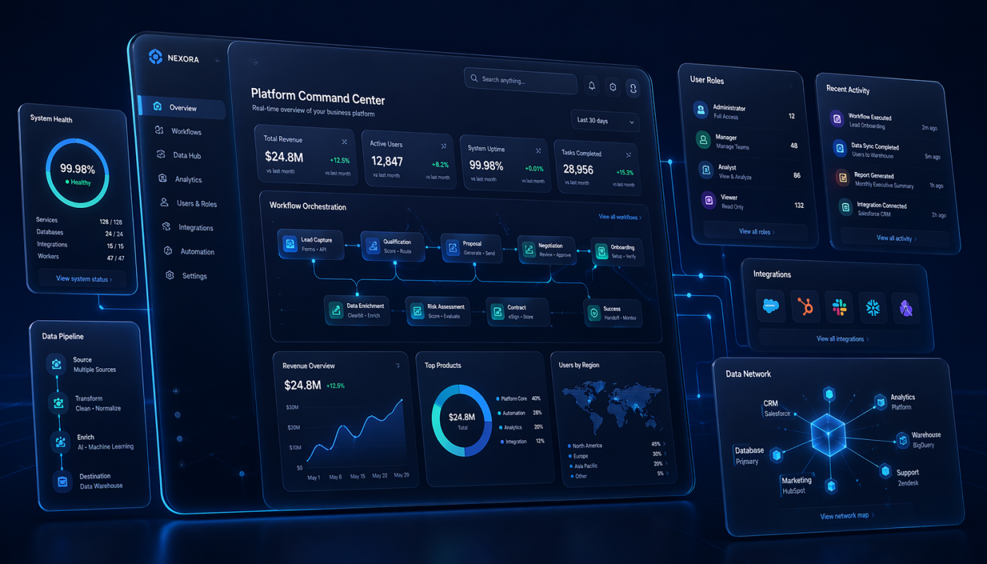 Futuristic dark blue platform dashboard with multiple panels showing metrics, charts, and navigation for a command-center UI (NEXORA).