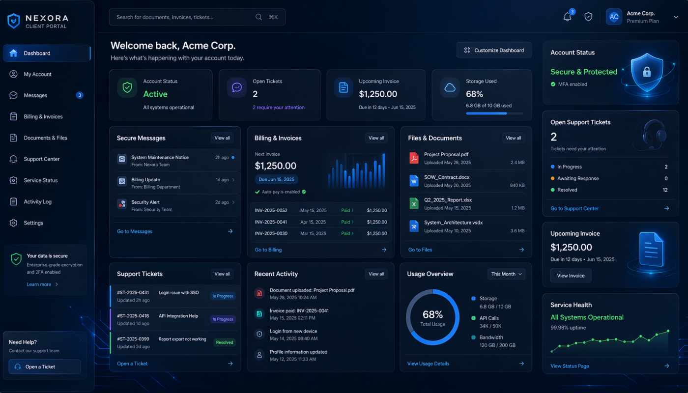 Nexora client portal dashboard with left navigation and multiple status tiles for account, invoices, storage, and tickets.