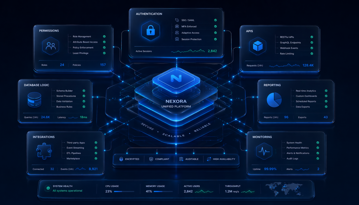Central glowing Nexora platform connected to eight glass panels: Permissions, Authentication, APIS, Database Logic, Reporting, Integrations, Monitoring, and System health in a futuristic blue interface.